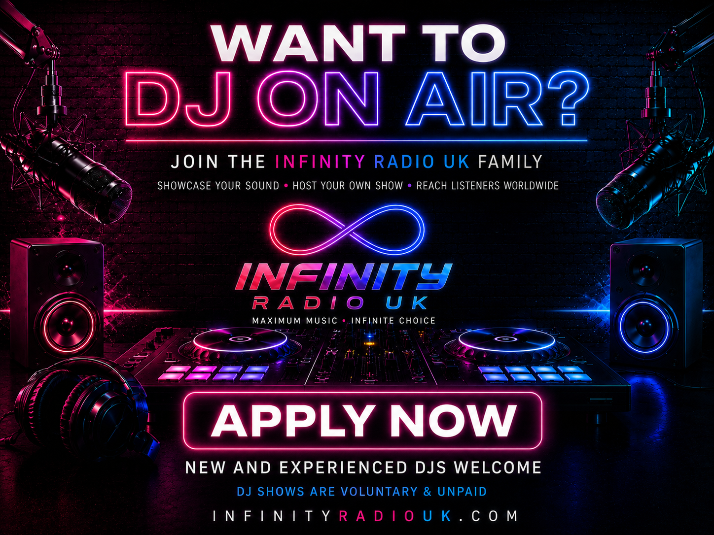 Want to DJ on air? Join the Infinity Radio UK family. New and experienced DJs welcome. DJ shows are voluntary and unpaid.
